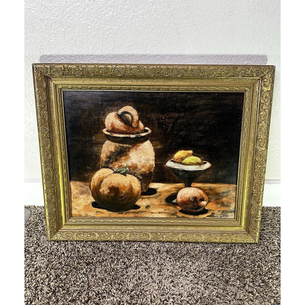 Vintage Still Life Painting Custom Gilded Frame Pumpkin Ceramic Jug Fruit